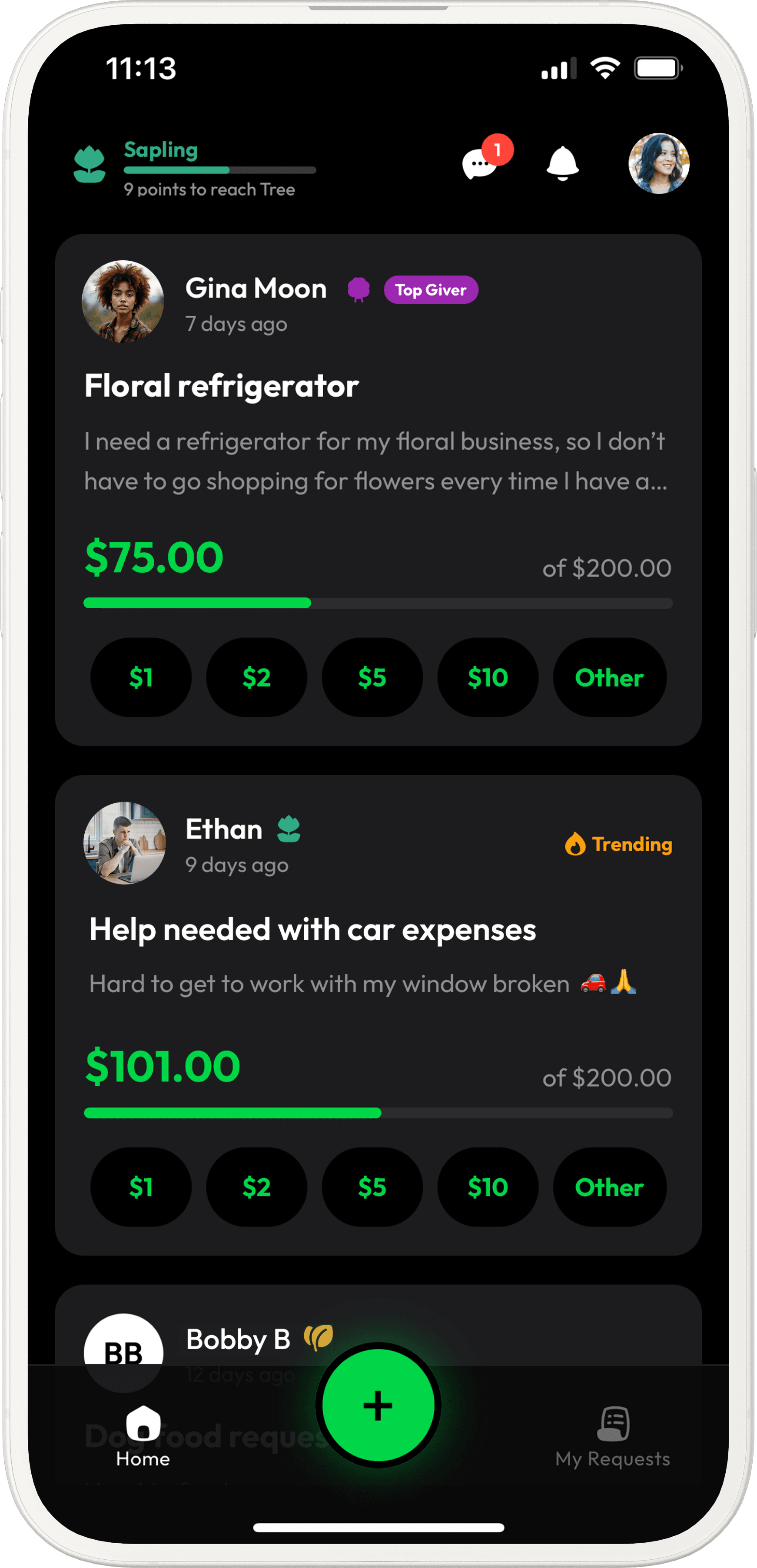 Scratch app showing donation requests